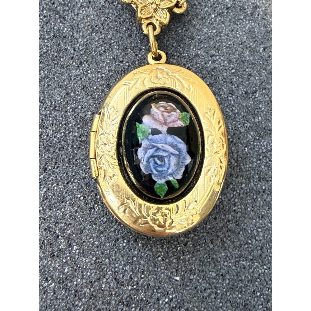 Vintage 1928 Gold Locket Blue Rose Cameo Flower Pendant Necklace 18" - Picture 2 of 16